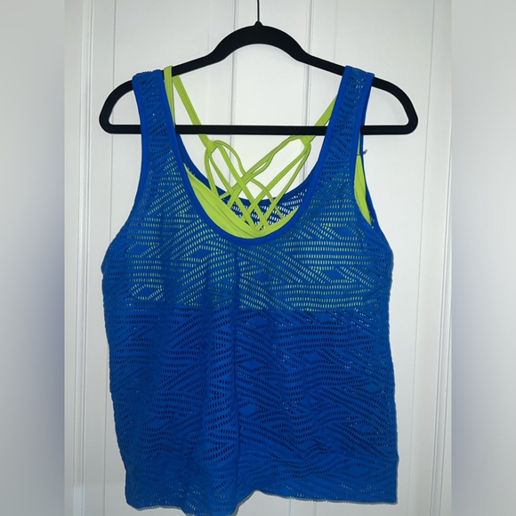 Go By Gossip Royal Blue Green Sporty Splice Layered Crochet Tankini Top large - Picture 2 of 6